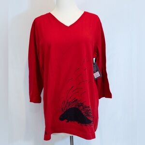 Marüshka Hand Printed Cotton Red Top with Porcupine Design- XL. NWT